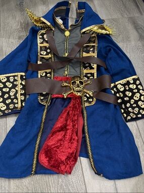 Kids size 5/6 Blue Pirate Costume Top for Kids with Gold Trim and Red Sash
